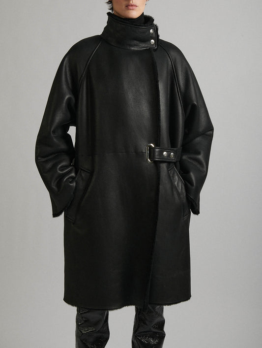 Black shearling high-collar coat