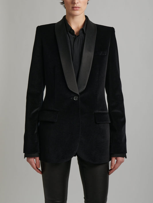 Black velvet shawl collar tuxedo jacket