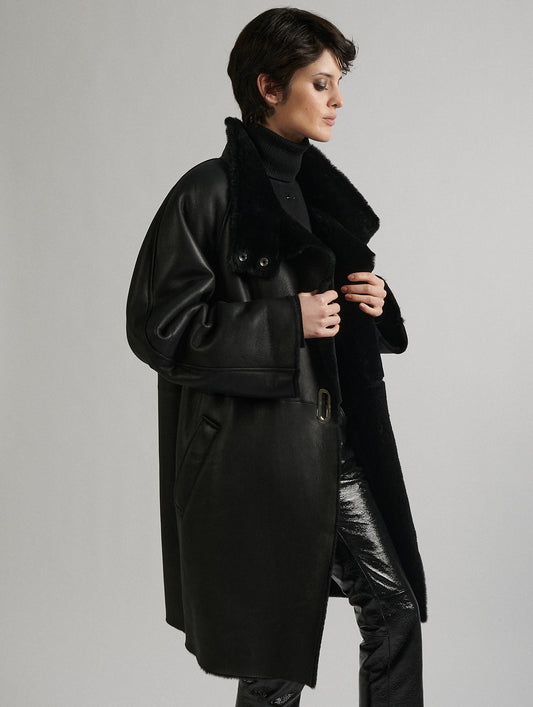 Black shearling high-collar coat