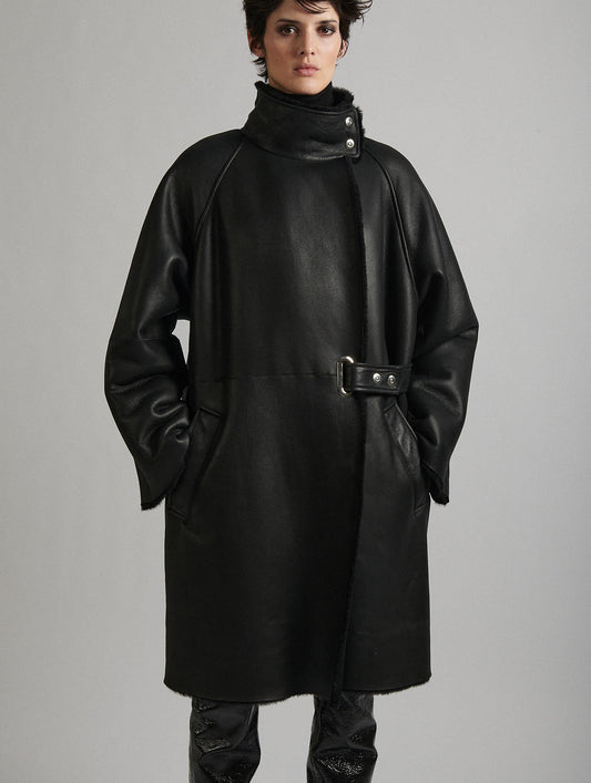 Black shearling high-collar coat