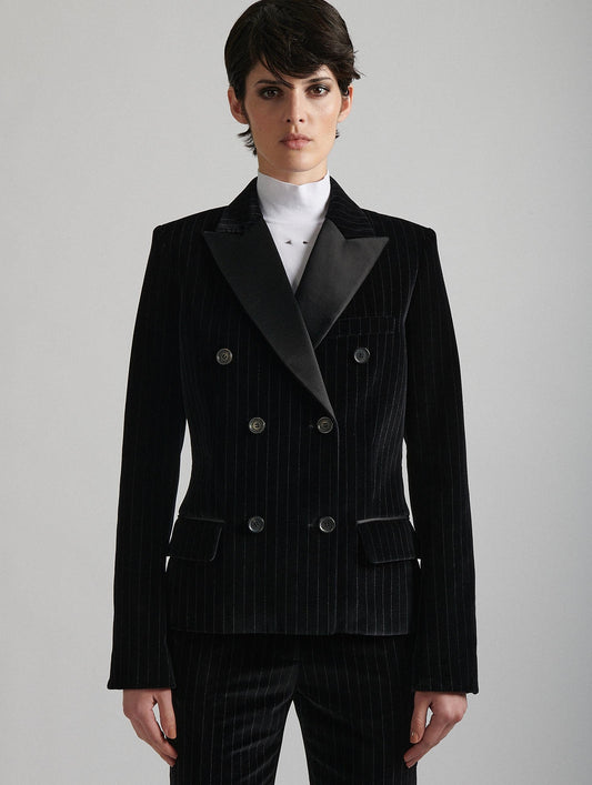 Black striped velvet tuxedo jacket
