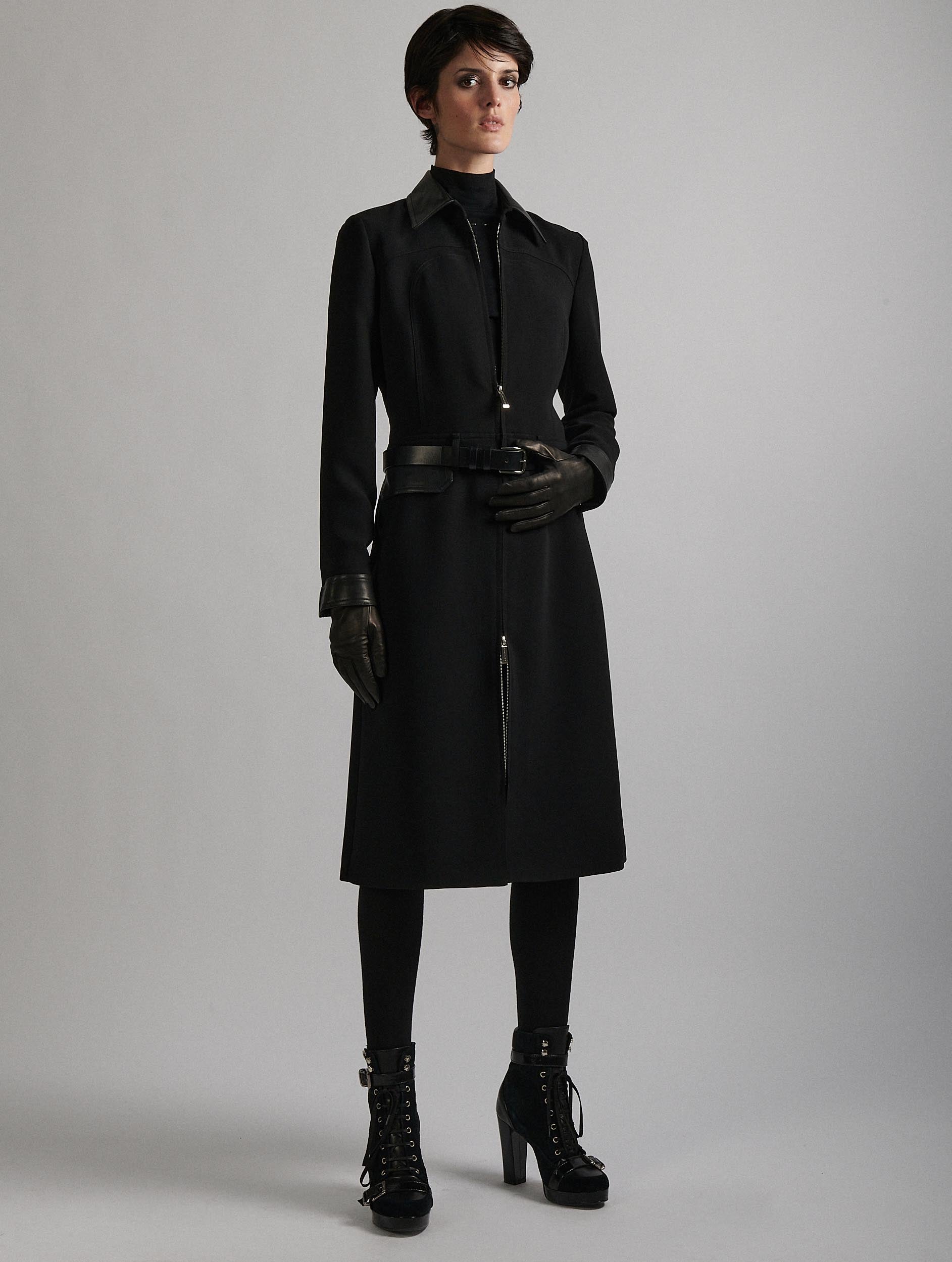 Women Ready-to-wear | Day dress in black crepe with leather details