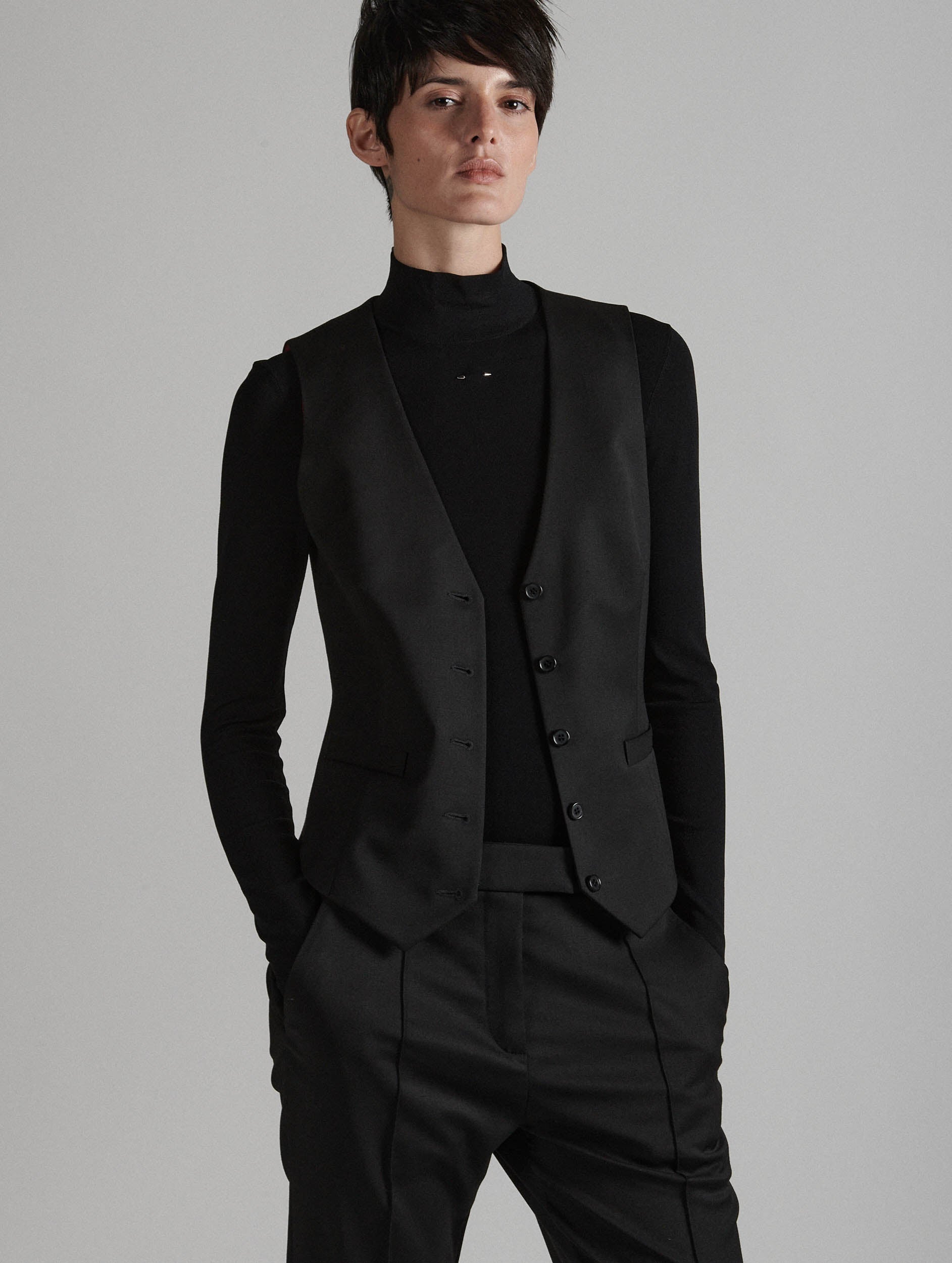 Black stretch wool gabardine suit vest Black stretch wool gabardine suit vest