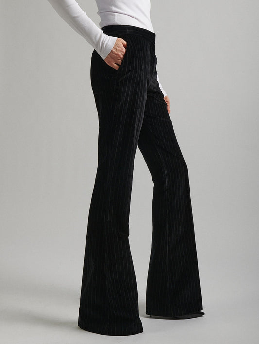 Black striped velvet bootleg suit trousers