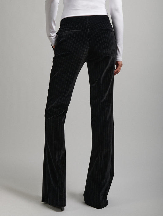 Black striped velvet bootleg suit trousers