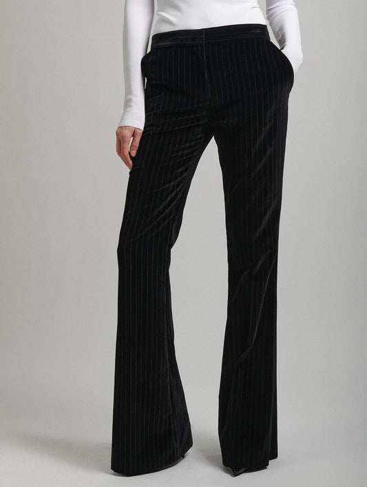 Black striped velvet bootleg suit trousers