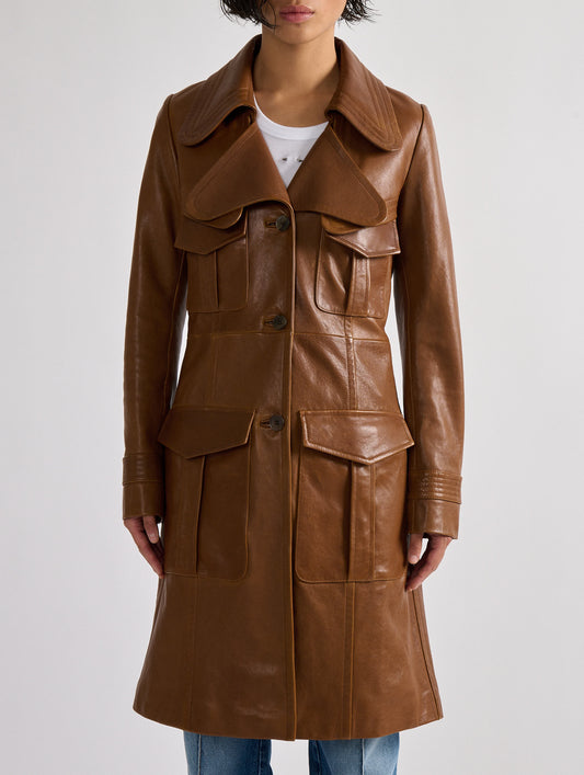 Camel plongé leather trench coat