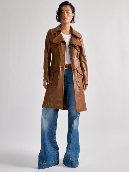 Camel plongé leather trench coat