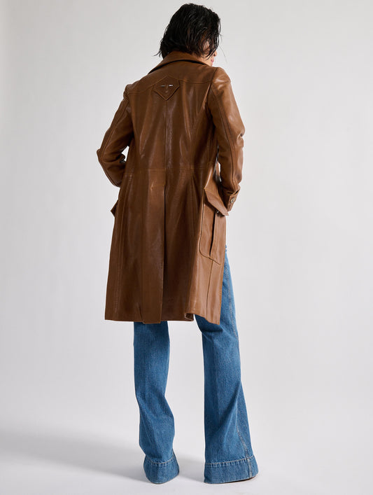 Camel plongé leather trench coat