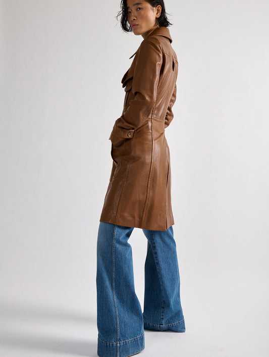 Camel plongé leather trench coat