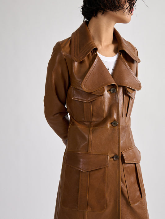 Camel plongé leather trench coat