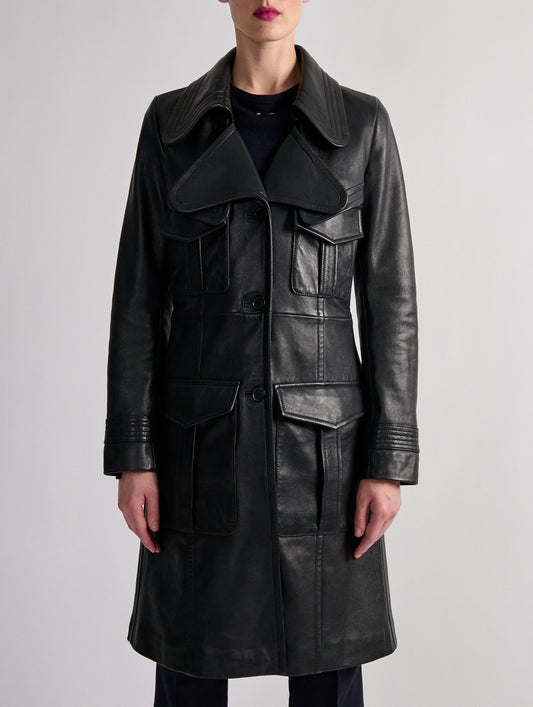 Navy plongé leather trench coat