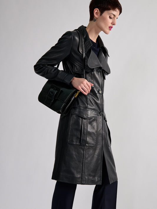 Navy plongé leather trench coat