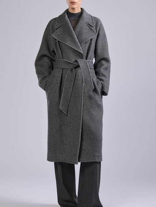 Grey belted long coat in double diagonal twill