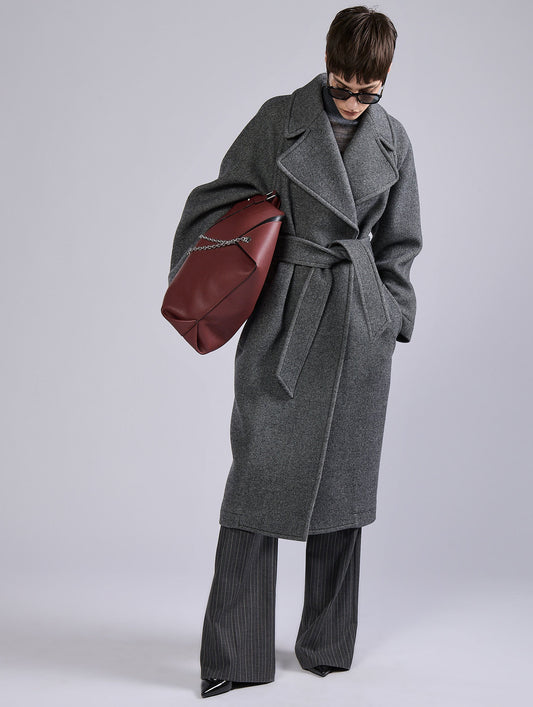 Grey belted long coat in double diagonal twill