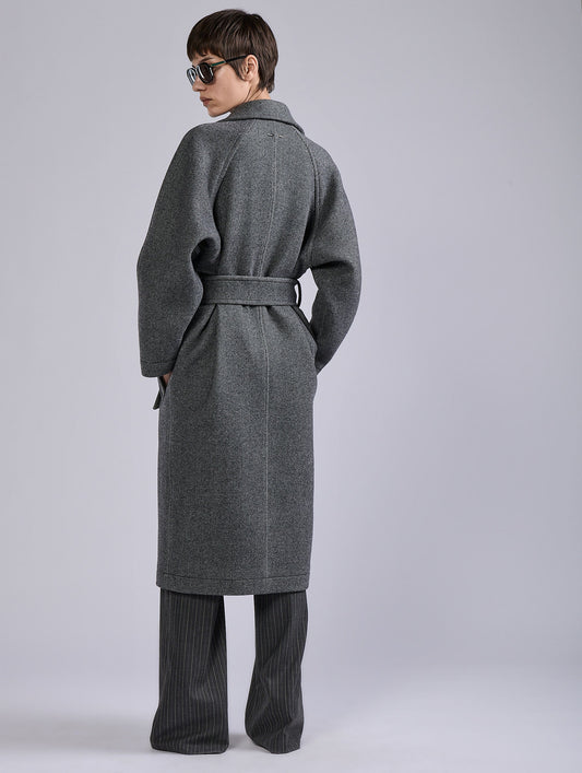 Grey belted long coat in double diagonal twill