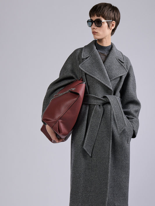 Grey belted long coat in double diagonal twill