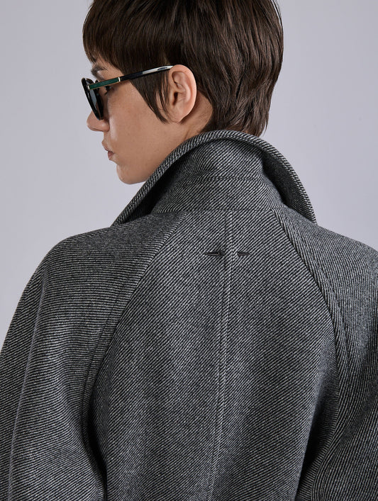 Grey belted long coat in double diagonal twill