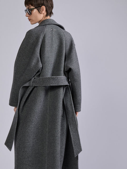 Grey belted long coat in double diagonal twill
