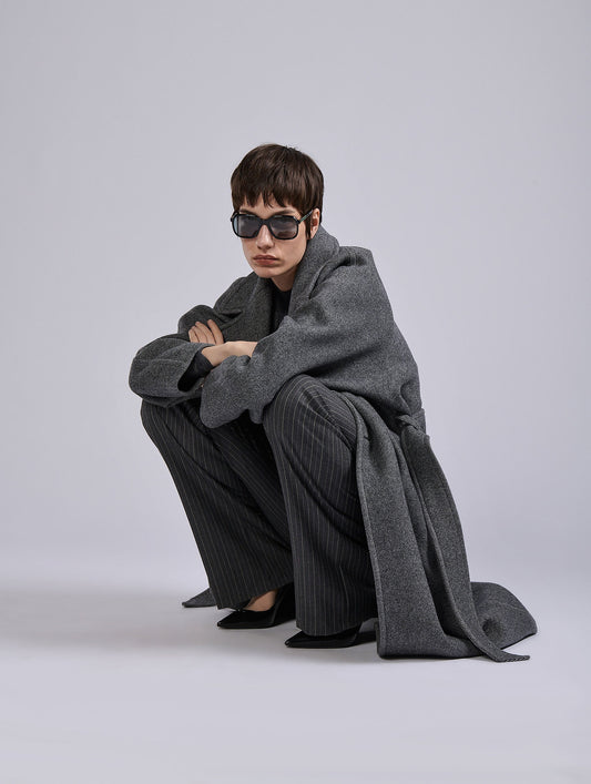 Grey belted long coat in double diagonal twill