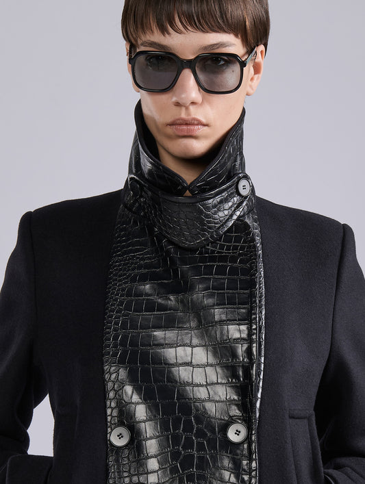 Black bi-material pea coat in wool-cashmere