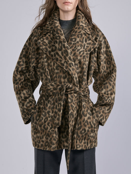 Leopard jacquard belted short coat