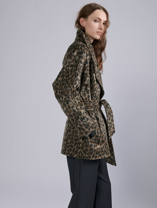 Leopard jacquard belted short coat