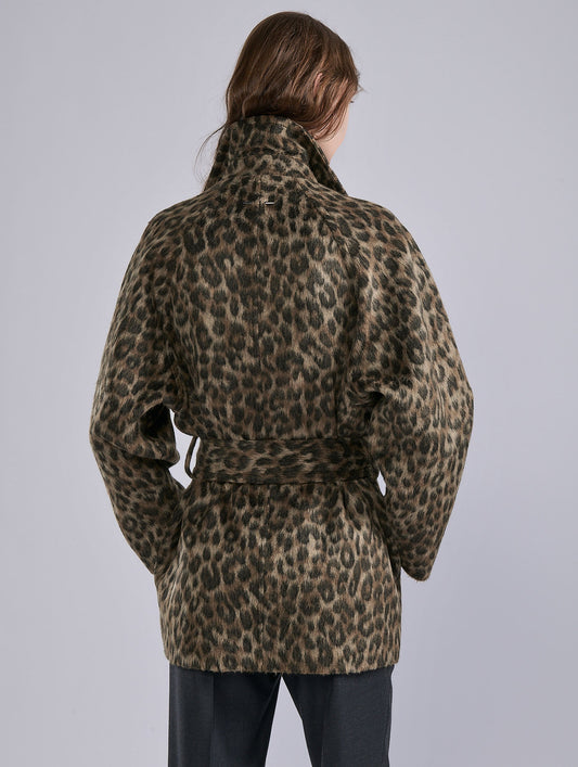 Leopard jacquard belted short coat
