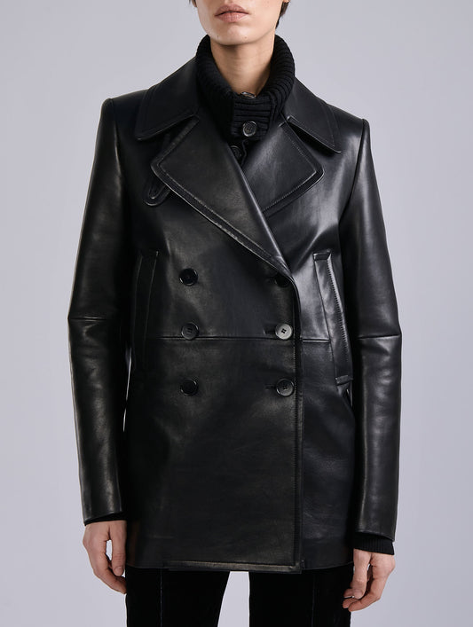 Black plongé leather pea coat