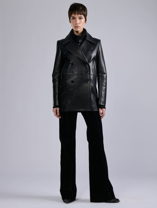 Black plongé leather pea coat