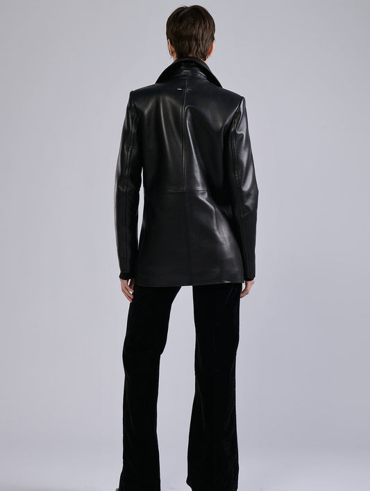 Black plongé leather pea coat