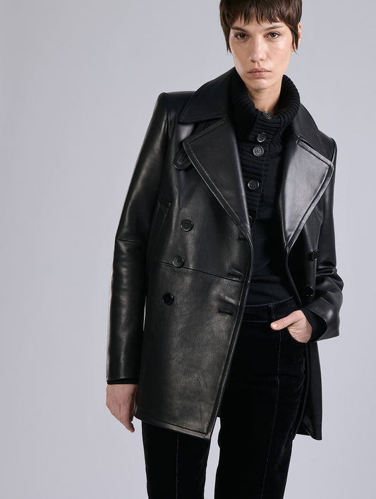 Black plongé leather pea coat