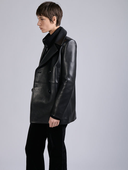 Black plongé leather pea coat