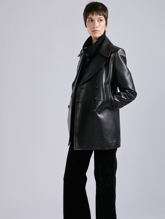 Black plongé leather pea coat