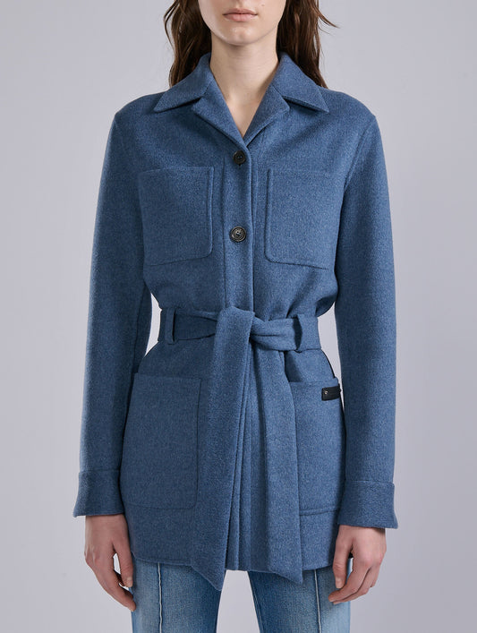 Belted jacket in double-faced blue wool-cashmere