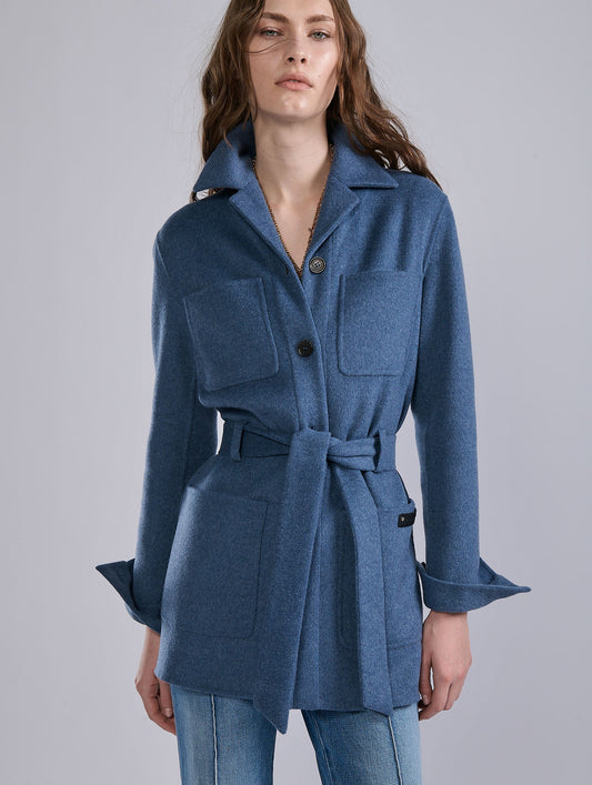 Belted jacket in double-faced blue wool-cashmere