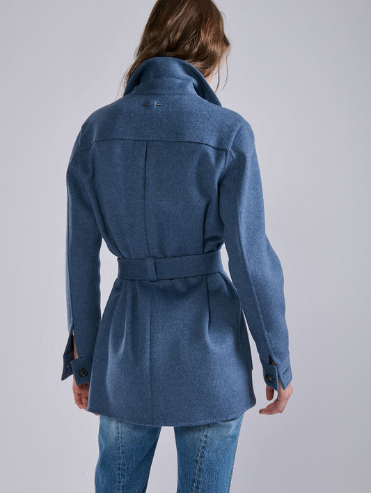 Belted jacket in double-faced blue wool-cashmere