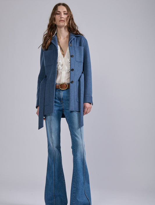 Belted jacket in double-faced blue wool-cashmere