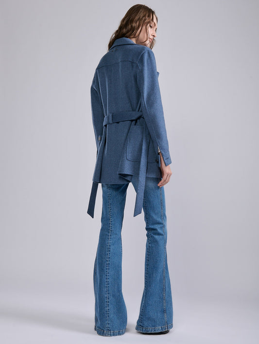 Belted jacket in double-faced blue wool-cashmere