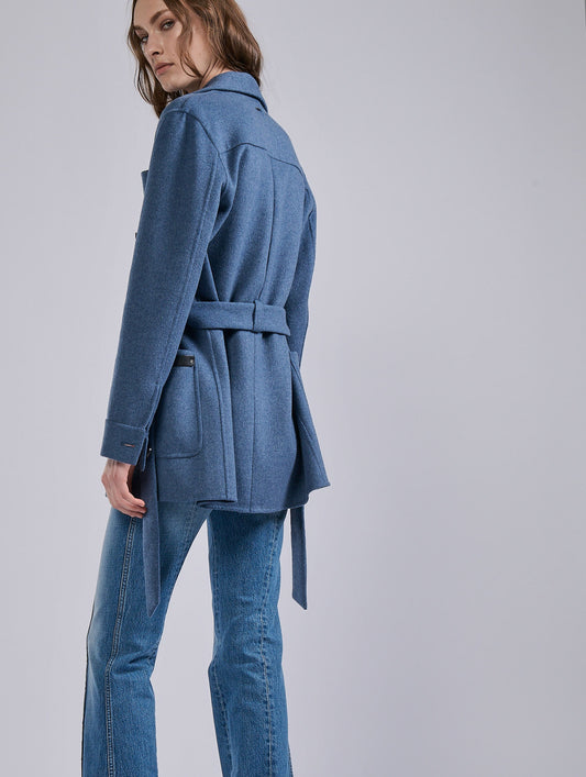 Belted jacket in double-faced blue wool-cashmere