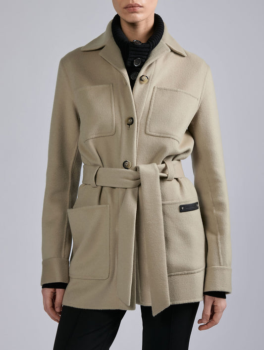 Belted jacket in double-faced sand wool-cashmere