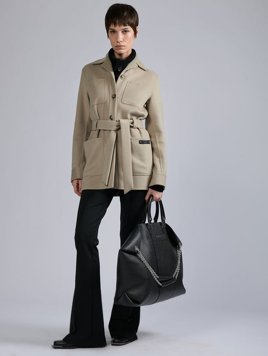 Belted jacket in double-faced sand wool-cashmere