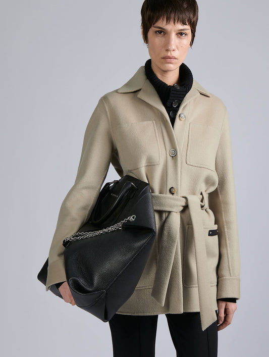 Belted jacket in double-faced sand wool-cashmere