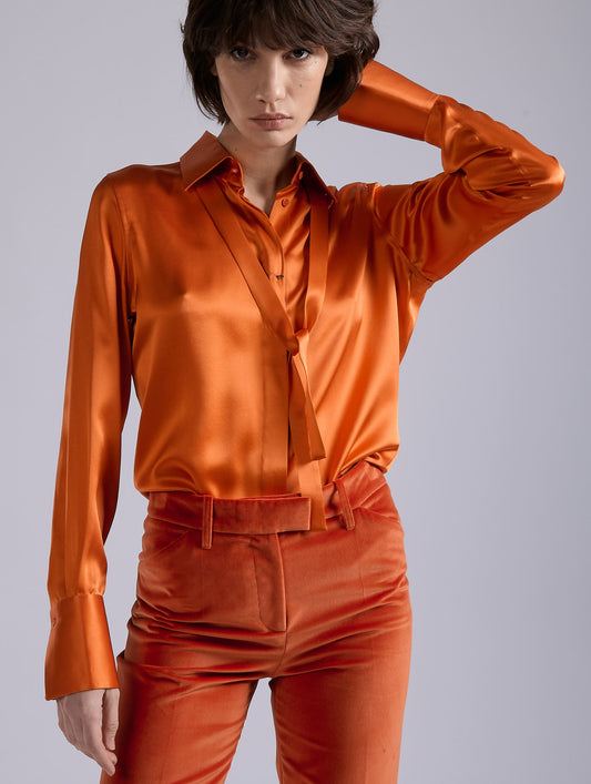 Orange silk satin lavallière shirt