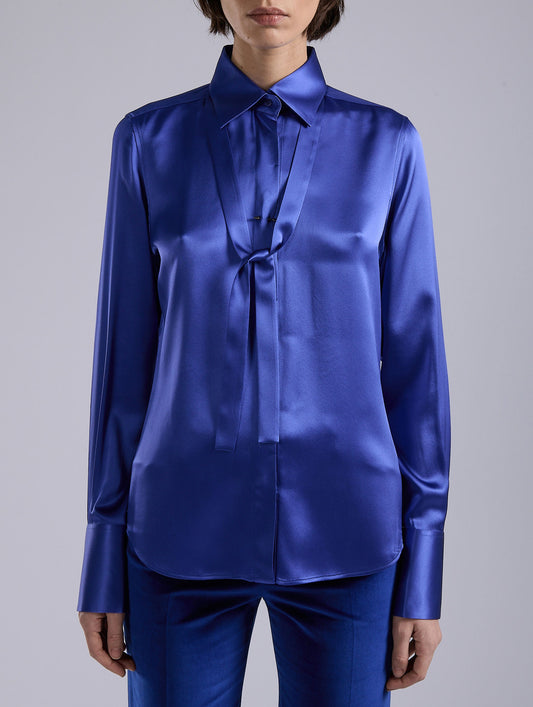 Blue silk satin lavallière shirt
