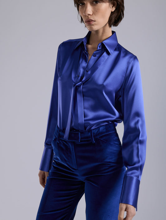 Blue silk satin lavallière shirt