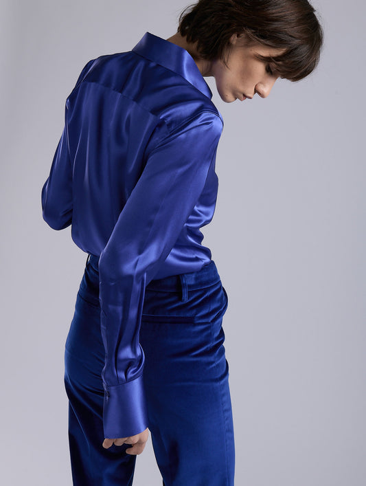 Blue silk satin lavallière shirt