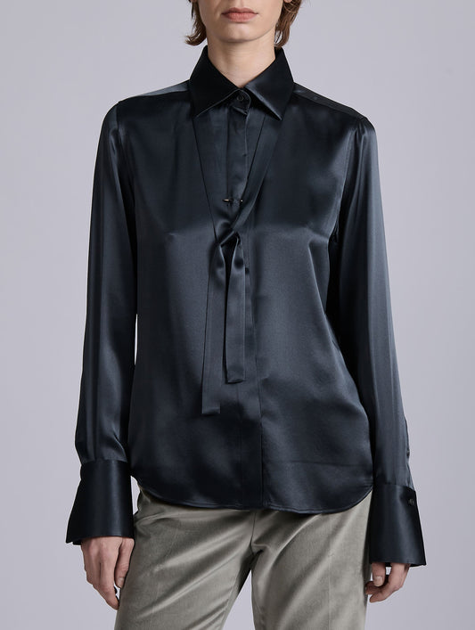 Grey silk satin lavallière shirt
