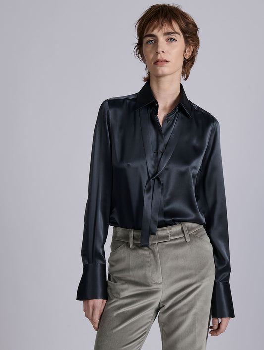 Grey silk satin lavallière shirt