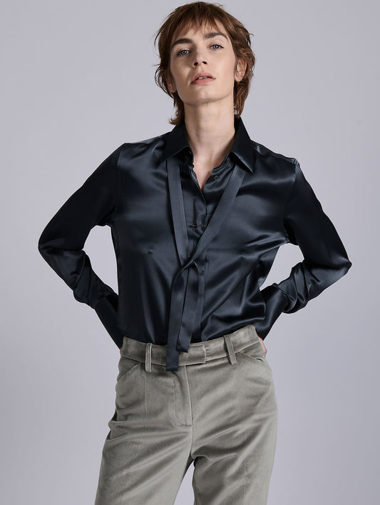 Grey silk satin lavallière shirt